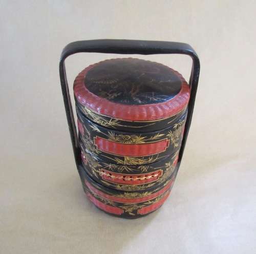JAPANESE LUNCH BOX STACK=Red & Black=3 layers=ORIENTAL=CHINESE?