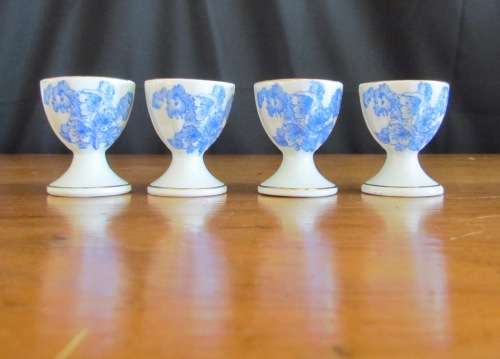 BLUE & WHITE=4 x BOILED EGG CUPS=TIEFENFURT=Germany=Stunning for Breakfast!!!!=CHINA BLAU=TUPPACK.