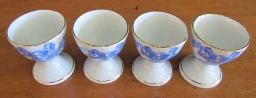 BLUE & WHITE=4 x BOILED EGG CUPS=TIEFENFURT=Germany=Stunning for Breakfast!!!!=CHINA BLAU=TUPPACK.