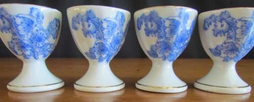 BLUE & WHITE=4 x BOILED EGG CUPS=TIEFENFURT=Germany=Stunning for Breakfast!!!!=CHINA BLAU=TUPPACK.