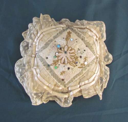 PINCUSHION=PIN CUSHION=ANTIQUE=EARLY 1800'S?=SILK=COTTON=SEWING=SEW=HABERDASHERY=PINS=EMBROIDERY