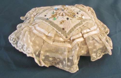 PINCUSHION=PIN CUSHION=ANTIQUE=EARLY 1800'S?=SILK=COTTON=SEWING=SEW=HABERDASHERY=PINS=EMBROIDERY