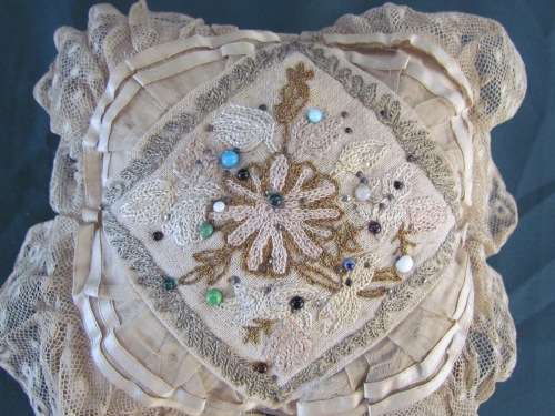 PINCUSHION=PIN CUSHION=ANTIQUE=EARLY 1800'S?=SILK=COTTON=SEWING=SEW=HABERDASHERY=PINS=EMBROIDERY