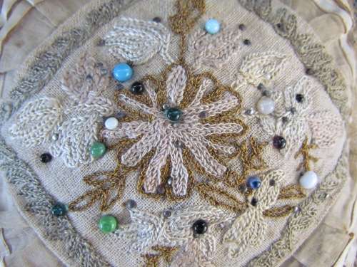 PINCUSHION=PIN CUSHION=ANTIQUE=EARLY 1800'S?=SILK=COTTON=SEWING=SEW=HABERDASHERY=PINS=EMBROIDERY