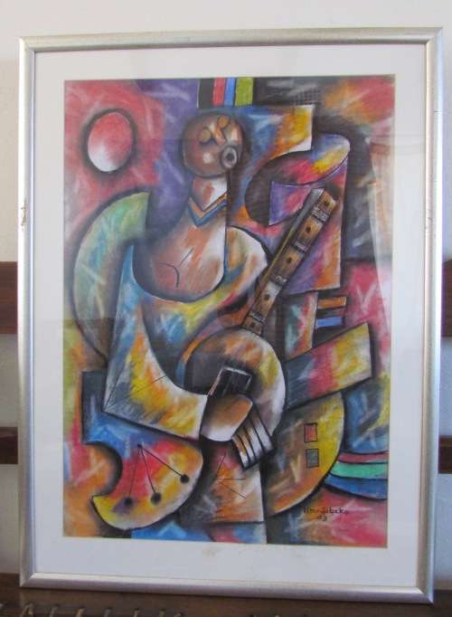 PETER SIBEKO (SA Artist)=MIXED MEDIA signed & dated 2003="TOWNSHIP MUSICIAN - THE GUITAR"=STUNNING!