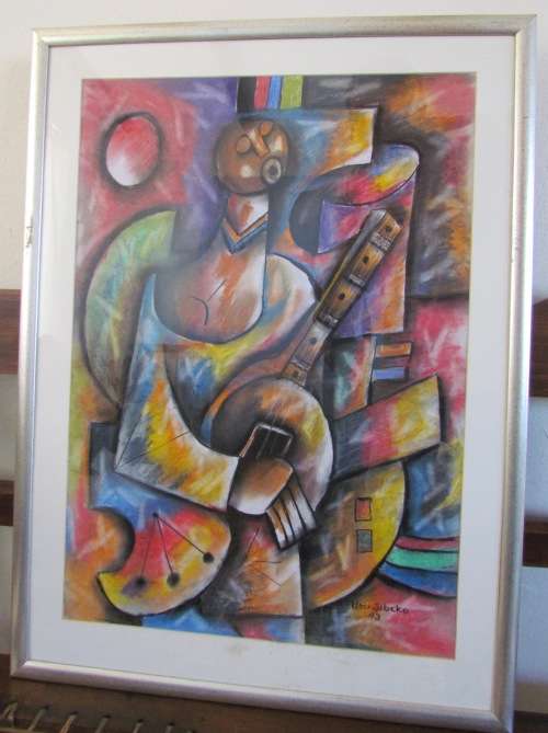 PETER SIBEKO (SA Artist)=MIXED MEDIA signed & dated 2003="TOWNSHIP MUSICIAN - THE GUITAR"=STUNNING!