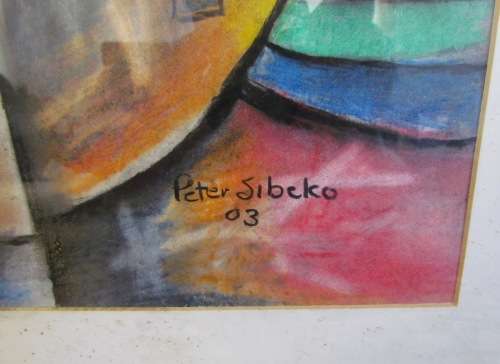 PETER SIBEKO (SA Artist)=MIXED MEDIA signed & dated 2003="TOWNSHIP MUSICIAN - THE GUITAR"=STUNNING!