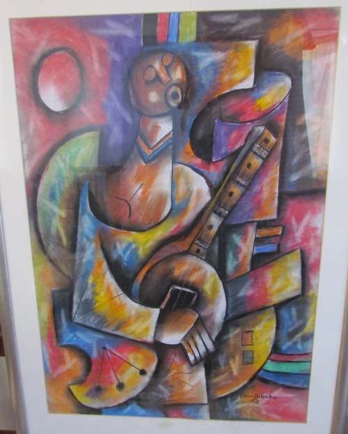 PETER SIBEKO (SA Artist)=MIXED MEDIA signed & dated 2003="TOWNSHIP MUSICIAN - THE GUITAR"=STUNNING!