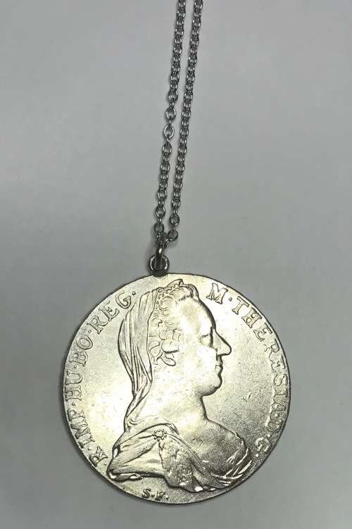 MARIA THERESIA=THALER=COIN PENDANT=with NECKLACE=Austria=31.3 grams=STERLING SILVER=1780=RE-STRIKE.