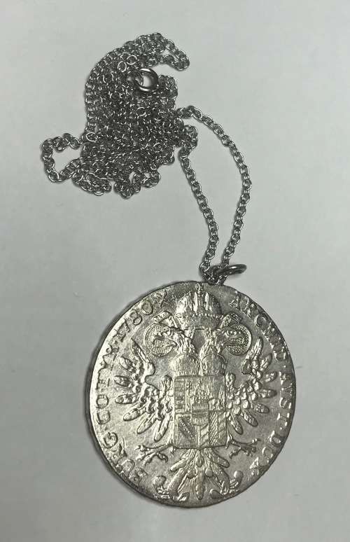MARIA THERESIA=THALER=COIN PENDANT=with NECKLACE=Austria=31.3 grams=STERLING SILVER=1780=RE-STRIKE.