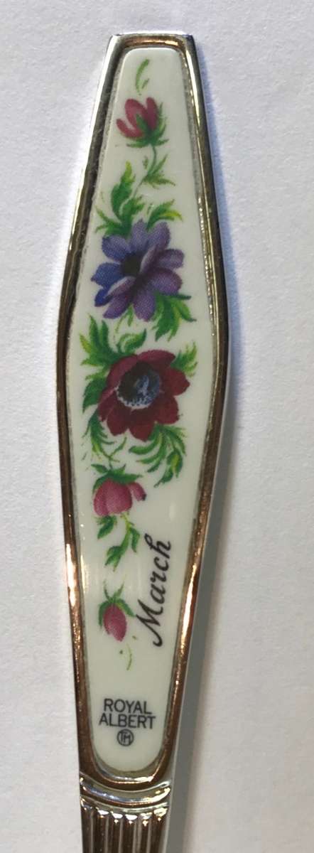 ROYAL ALBERT CAKE FORK=FLOWERS OF THE MONTH=MARCH=SILVER PLATED=Maker - HCU.