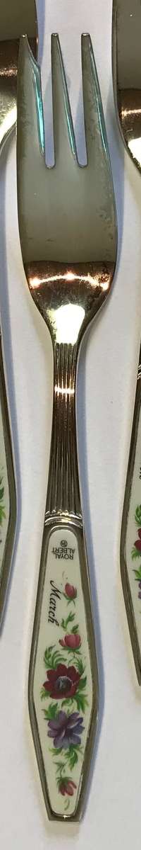 ROYAL ALBERT CAKE FORK=FLOWERS OF THE MONTH=MARCH=SILVER PLATED=Maker - HCU.