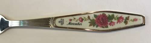 ROYAL ALBERT CAKE FORK=FLOWERS OF THE MONTH=NOVEMBER=SILVER PLATED=Maker - HCU.