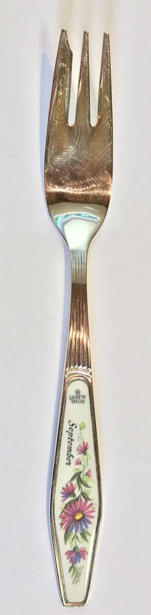 ROYAL ALBERT CAKE FORK=FLOWERS OF THE MONTH=SEPTEMBER=SILVER PLATED=Maker - HCU.