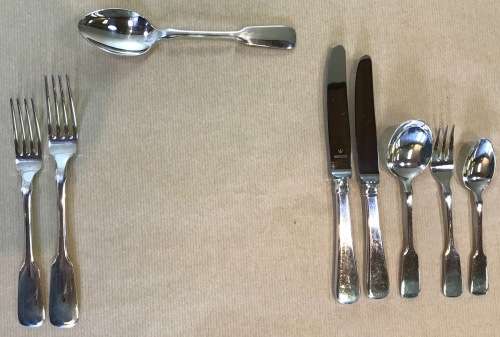 CUTLERY CANTEEN=STERLING SILVER GERMAN=WILKENS=SPADE PATTERN=72 piece=1974=SPILHAUS BOX=8 PLACE.