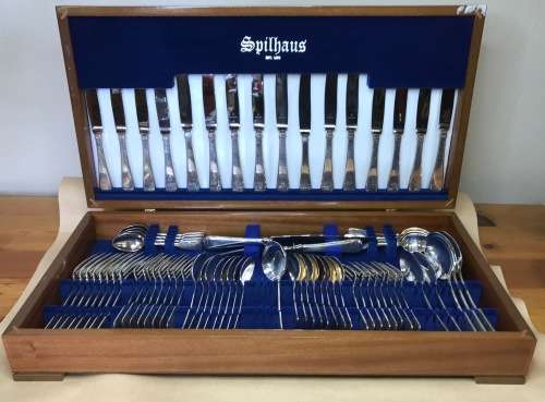 CUTLERY CANTEEN=STERLING SILVER GERMAN=WILKENS=SPADE PATTERN=72 piece=1974=SPILHAUS BOX=8 PLACE.