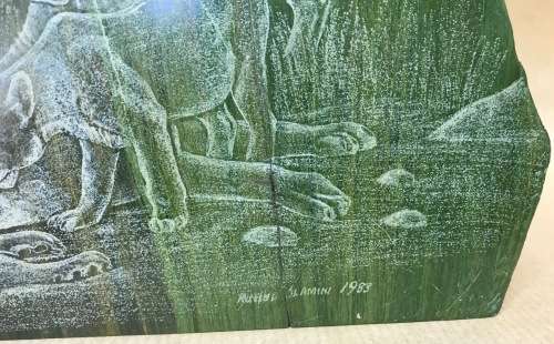 MALACHITE=MALE LION=LIONESS=CUB=ETCHING=MALACHITE ARTWORK=RUSSEL DLAMINI=1983=READ NOTES.
