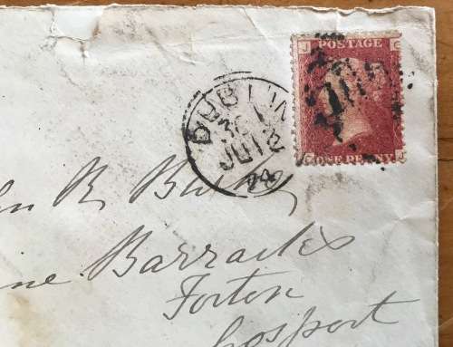 PENNY RED=on COVER=IRELAND to ENGLAND=DUBLIN to GOSPORT=12 July 1874=Postal History=GREAT BRITAIN.