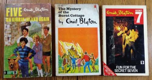 ENID BLYTON x 3=FIVE ON KIRRIN ISLAND AGAIN=MYSTERY OF THE BURNT COTTAGE=FUN FOR THE SECRET SEVEN.