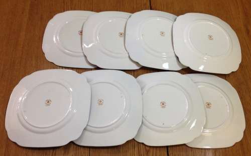 ROYAL ALBERT DERBY IMARI STYLE SQUARE ENTREE SALAD DESSERT PLATES x 8 CROWN CHINA 1917-1925 ENGLAND