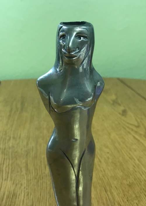 CAROL BOYES=SINGLE PEWTER CANDLESTICK=HALLMARKED.