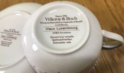 VILLEROY & BOCH=VIEUX LUXEMBOURG PATTERN=TEA CUP=SAUCER=MADE IN LUXEMBOURG=GERMANY=BLUE and WHITE!c