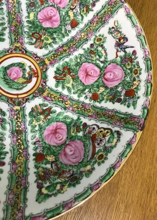 FAMILLE ROSE=CHARGER=LARGE BOWL=Made in MACAU=CHINA=CHINESE=ORIENTAL=FLOWERS=BUTTERFLIES=BIRDS=ROSE.