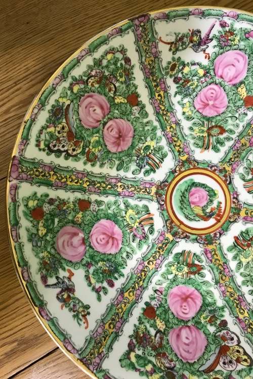 FAMILLE ROSE=CHARGER=LARGE BOWL=Made in MACAU=CHINA=CHINESE=ORIENTAL=FLOWERS=BUTTERFLIES=BIRDS=ROSE.