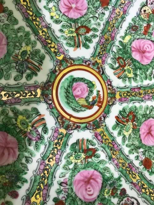 FAMILLE ROSE=CHARGER=LARGE BOWL=Made in MACAU=CHINA=CHINESE=ORIENTAL=FLOWERS=BUTTERFLIES=BIRDS=ROSE.