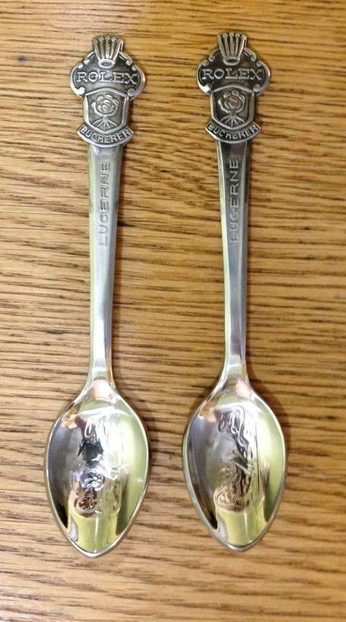 SILVER PLATED souvenir TEASPOONS x 2=BUCHERER of SWITZERLAND=LUCERNE=ROLEX WATCHES PROMOTION SPOONS!