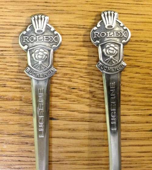 SILVER PLATED souvenir TEASPOONS x 2=BUCHERER of SWITZERLAND=LUCERNE=ROLEX WATCHES PROMOTION SPOONS!