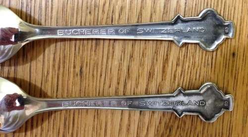 SILVER PLATED souvenir TEASPOONS x 2=BUCHERER of SWITZERLAND=LUCERNE=ROLEX WATCHES PROMOTION SPOONS!