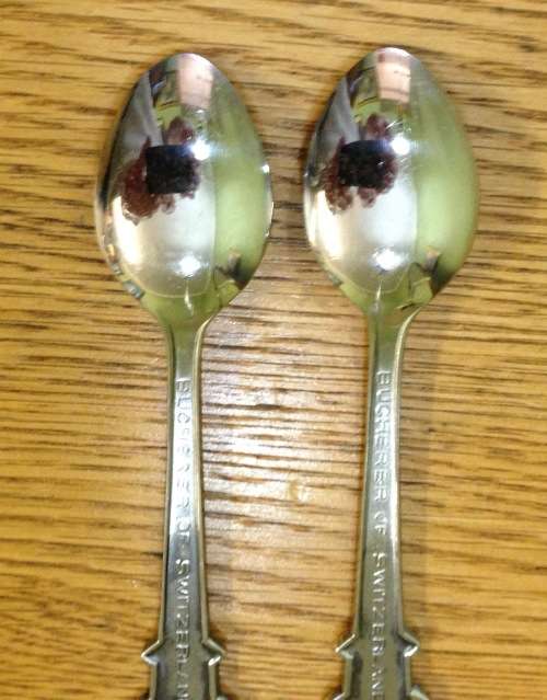 SILVER PLATED souvenir TEASPOONS x 2=BUCHERER of SWITZERLAND=LUCERNE=ROLEX WATCHES PROMOTION SPOONS!
