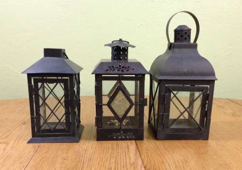 OUTDOOR TEALIGHT CANDLE LANTERNS x 3=DIFFERENT SIZES=USING TEALIGHTS or CANDLES=BLACK PAINTED METAL