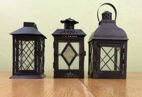 OUTDOOR TEALIGHT CANDLE LANTERNS x 3=DIFFERENT SIZES=USING TEALIGHTS or CANDLES=BLACK PAINTED METAL