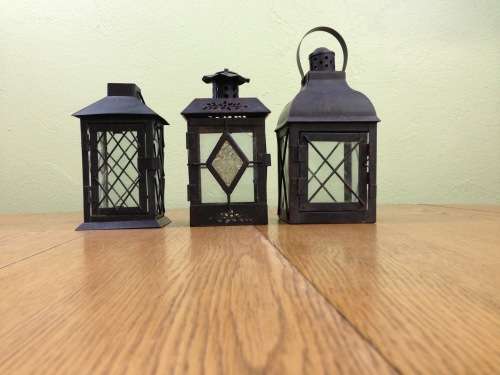 OUTDOOR TEALIGHT CANDLE LANTERNS x 3=DIFFERENT SIZES=USING TEALIGHTS or CANDLES=BLACK PAINTED METAL
