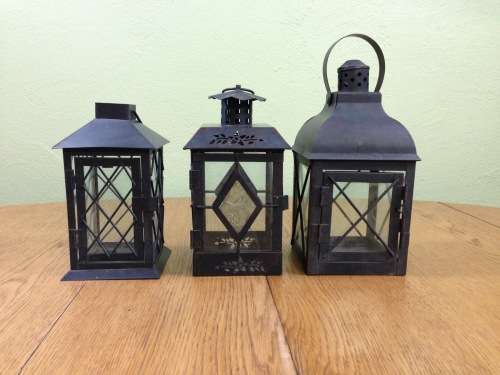 OUTDOOR TEALIGHT CANDLE LANTERNS x 3=DIFFERENT SIZES=USING TEALIGHTS or CANDLES=BLACK PAINTED METAL