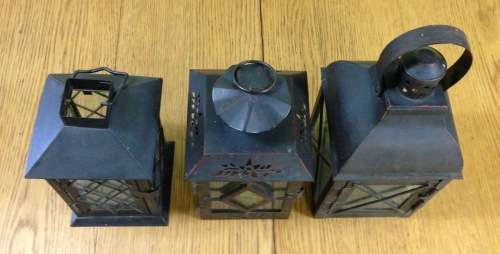 OUTDOOR TEALIGHT CANDLE LANTERNS x 3=DIFFERENT SIZES=USING TEALIGHTS or CANDLES=BLACK PAINTED METAL