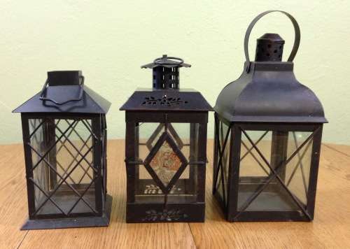 OUTDOOR TEALIGHT CANDLE LANTERNS x 3=DIFFERENT SIZES=USING TEALIGHTS or CANDLES=BLACK PAINTED METAL