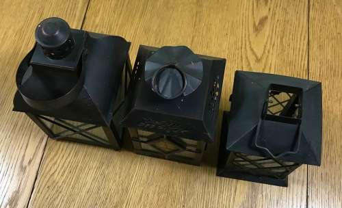 OUTDOOR TEALIGHT CANDLE LANTERNS x 3=DIFFERENT SIZES=USING TEALIGHTS or CANDLES=BLACK PAINTED METAL