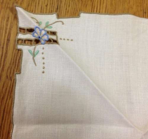 COCKTAIL SERVIETTES x 3 MATERIAL CLOTH LINEN EMBROIDERY BLUE WHITE BROWN EDGED STUNNING!!!!