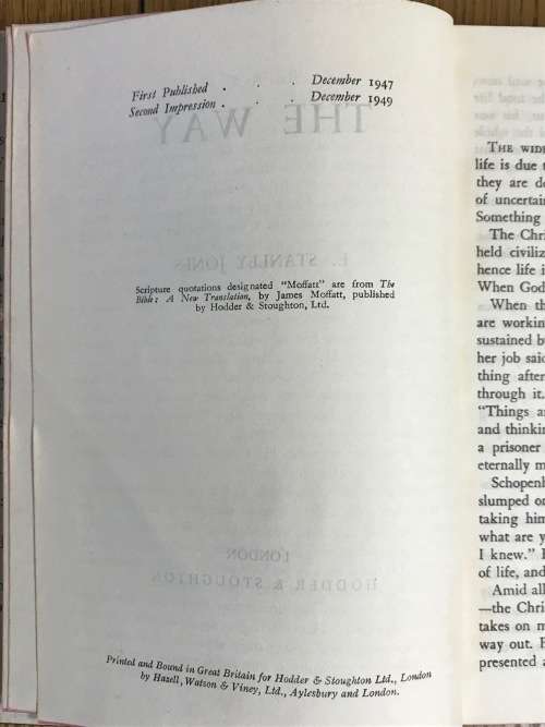 THE WAY E. STANLEY JONES HODDER and STOUGHTON LONDON 1949 2nd IMPRESSION FAITH RELIGION CHRISTIANITY