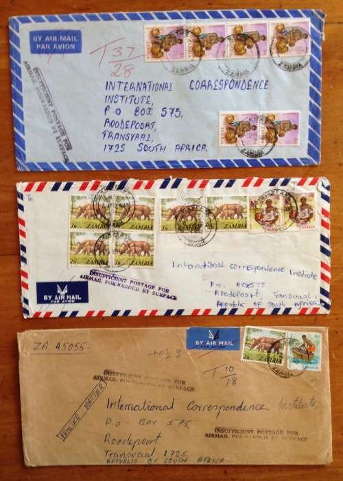 ZAMBIA 3 x AIRMAIL LETTERS ALL TAXED INSUFFICIENT POSTAGE CACHETS RHINOCERUS 1982/3 to SOUTH AFRICA.