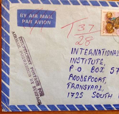 ZAMBIA 3 x AIRMAIL LETTERS ALL TAXED INSUFFICIENT POSTAGE CACHETS RHINOCERUS 1982/3 to SOUTH AFRICA.