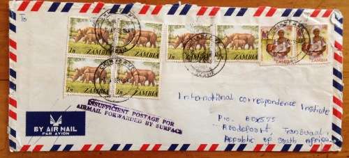 ZAMBIA 3 x AIRMAIL LETTERS ALL TAXED INSUFFICIENT POSTAGE CACHETS RHINOCERUS 1982/3 to SOUTH AFRICA.