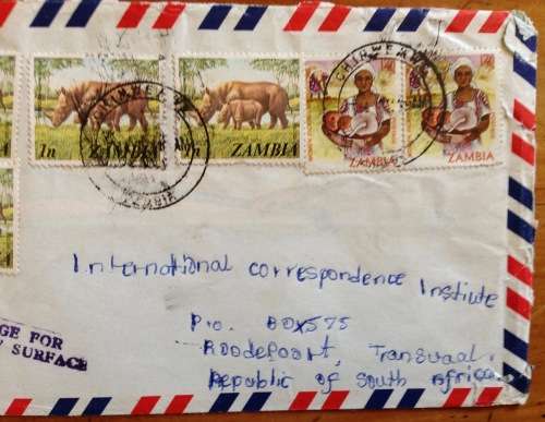 ZAMBIA 3 x AIRMAIL LETTERS ALL TAXED INSUFFICIENT POSTAGE CACHETS RHINOCERUS 1982/3 to SOUTH AFRICA.