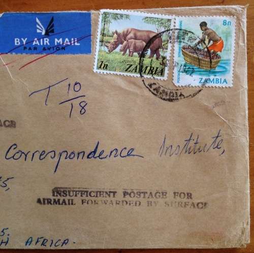 ZAMBIA 3 x AIRMAIL LETTERS ALL TAXED INSUFFICIENT POSTAGE CACHETS RHINOCERUS 1982/3 to SOUTH AFRICA.