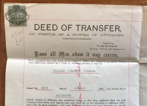 1903=DEED of TRANSFER=BRITSTOWN=CROWNED OVAL DEEDS REGISTRAR CACHET=CAPE OF GOOD HOPE=REVENUE £2.00.