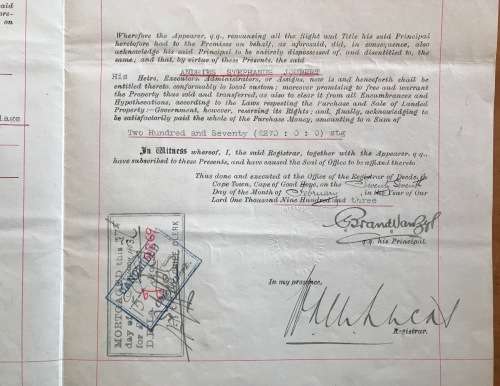 1903=DEED of TRANSFER=BRITSTOWN=CROWNED OVAL DEEDS REGISTRAR CACHET=CAPE OF GOOD HOPE=REVENUE £2.00.