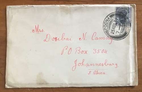 INDIA LETTER from POONA to JOHANNESBURG SOUTH AFRICA 1939 UNUSUAL!!!!